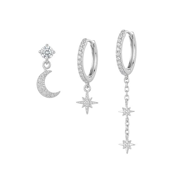 3Pcs Ring Earrings for Women Set, Second Studs Earrings for Women Stylish, Asymmetrical Moon Star Design, Hypoallergenic Jewelry for Daily Use and Special Occasions