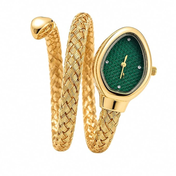Gold Plated Snake Coil Bracelet Watch for Women | Green Dial Analog Wrist Watch | Stylish Fashion Jewelry Watch for Girls & Women.