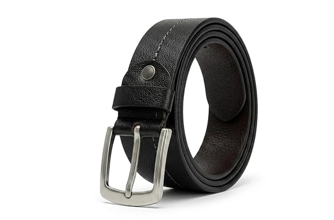Leather Belt for Men, Black and Brown, Silver-Tone Buckle, Classic Casual Style