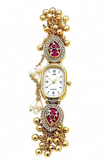 Kashmiri Designer Bracelet Watch for Women, Gold Plated Adjustable Chain, Quartz Analog, Traditional Jewellery Style with Ghungroo Bells