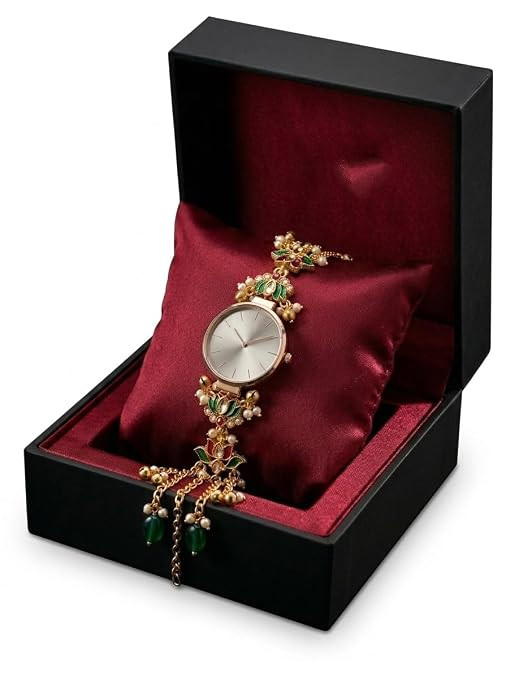 Women's Rose Gold Bracelet Watch with Green Enamel Floral Charm, Pearl Accents, Tassel Chain