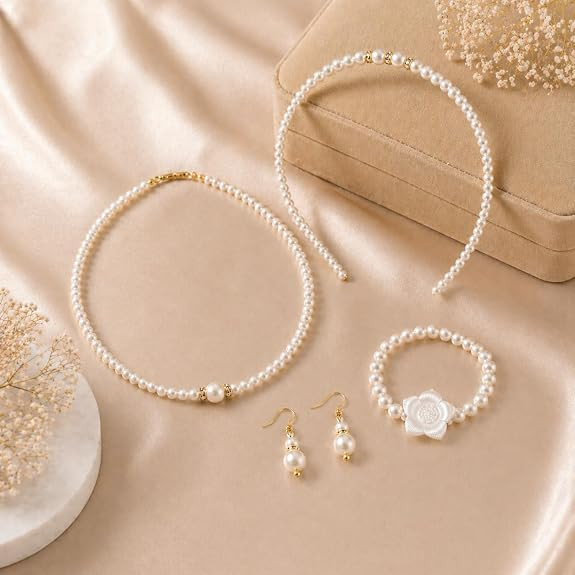 4 Piece Pearl Jewelry Set for Girls | Pearl Hair Band, Necklace, Bracelet & Earrings Set | Kids Fashion Accessories for Wedding, Birthday Party, School Functions & Special Occasions