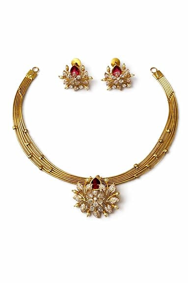 Gold-Tone Choker Necklace and Earring Set, Floral Pendant with Ruby and Pearl Accents, Traditional Indian Jewellery