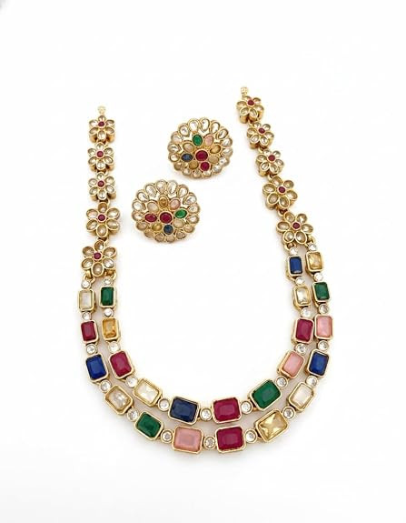 Traditional Gold Plated Choker Necklace Set with earring for Women | Traditional Gold-Plated Multicolor Kundan & Stone Floral Necklace Set with Matching Stud Earrings | Layered Crystal Jewelry for Women | Perfect for Weddings, Parties & Festive Occasions 