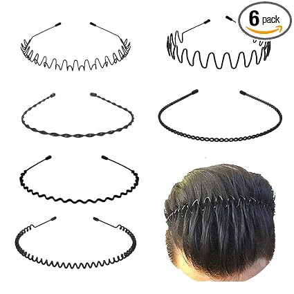 Black Metal Hair Band for Men – 6 Pcs Thin Wavy Non-Slip Adjustable Headbands for Women & Boys, Sports, Gym, Yoga, Running & Face Wash