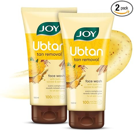 Joy Ubtan Tan Removal Face Wash 150ml x 2 | Detans, Removes Dirt & Blemishes for a Natural Glowing Skin | Enriched With Turmeric, Saffron & Sandalwood | Suitable for All Skin Types