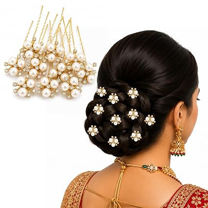 Diamond Pearl Hair Pins for Women & Girls | Bridal Juda Bun Pins for Wedding, Party & Festive Hair Styling | Fancy Juda Accessories for Long Hair (PK12-GOLDEN)
