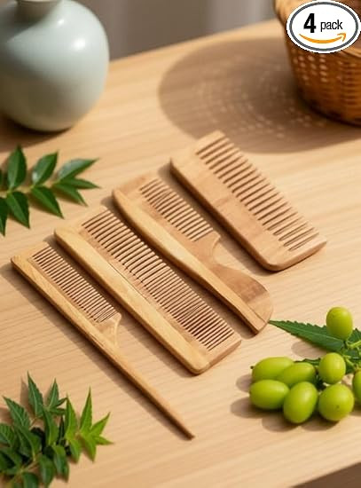 Pure Nature Neem Wood Hair Combs, Wide Tooth Detangling Set, 4 Pieces, Natural Hair Care
