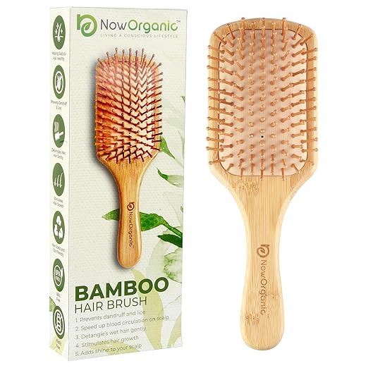 Now Organic Brand Premium Trusted Natural Bamboo/wooden paddle hair brush with cushioning for women, men and girls with round bamboo soft hair bristles for massaging scalp.