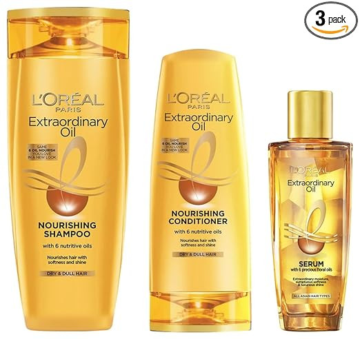 L'Oreal Paris Extraordinary Oil 3 -step Nourishing kit - Shampoo For Dry & Dull Hair (340ml) + Conditioner (180ml) + Hair Serum (30ml)