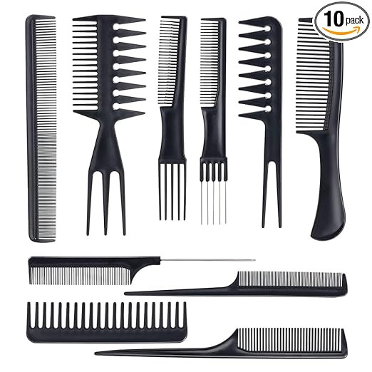 10-Piece Heat-Resistant Anti-Static Hair Styling Comb Set, Black, Unisex, Adults, All Hair Types, Plastic, For All Ages, Genders, Professionals, Personal Use