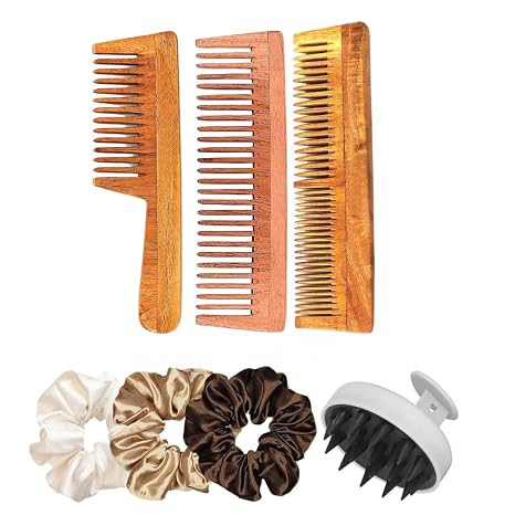 Hair Care Combo Set with Wooden Combs, Satin Scrunchies & Scalp Massager | Anti-Static Detangling Comb, Hair Accessories Kit for Women & Girls | Frizz Control & Hair Growth Support