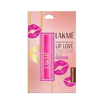 Lakme Lip Love Care Stick Strawberry, with 10% Vitamin E Complex, nourished with Shea & Cocoa Butter and enriched with Almond & Jojoba Oil for 24hr moisturization in just 1 swipe, with SPF 15, 4.5g