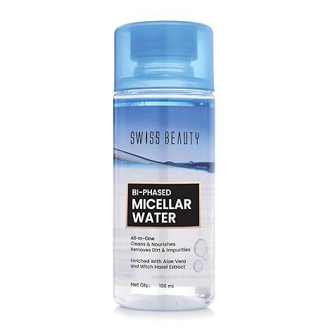 Swiss Beauty Bi-Phased Micellar Face Cleansing Water | Removes dirt, impurities and waterproof makeup | With Aloe vera and Witch Hazel | 100 ml