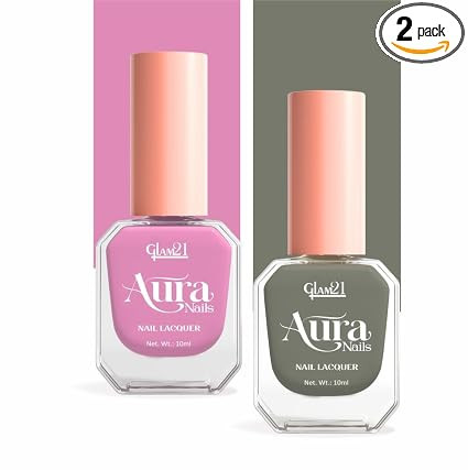 Glam21 Aura Nails Nail Lacquer |Long-Lasting, Quick-Dry, High-Shine Nail Enamel | Chip-Free Formula | Smooth Application & Vibrant Finish |60 Striking Shades | 10ml Each | Pack Of 2 (Sage Green &Marshmellow Mix)