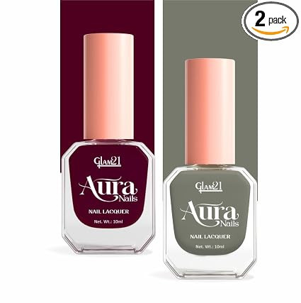 Glam21 Aura Nails Nail Lacquer |Long-Lasting, Quick-Dry, High-Shine Nail Enamel | Chip-Free Formula | Smooth Application & Vibrant Finish |60 Striking Shades | 10ml Each | Pack Of 2 (Sage Green &Bare Maroon)