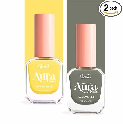 Glam21 Aura Nails Nail Lacquer |Long-Lasting, Quick-Dry, High-Shine Nail Enamel | Chip-Free Formula | Smooth Application & Vibrant Finish |60 Striking Shades | 10ml Each | Pack Of 2 (Sage Green &Yellow Sorbet)