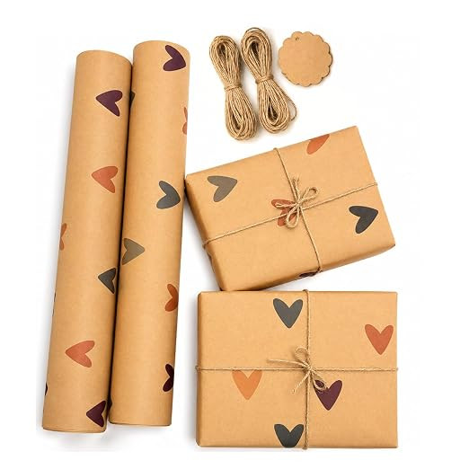 Kraft Paper Gift Wrapping Pack of 10 (45cm x 60cm, 100 GSM) with Colorful Heart Print | Includes 10 Tags & Jute Ropes | Ideal for Gift Packing, Bouquet Wrapping & DIY Crafts (colour heart)