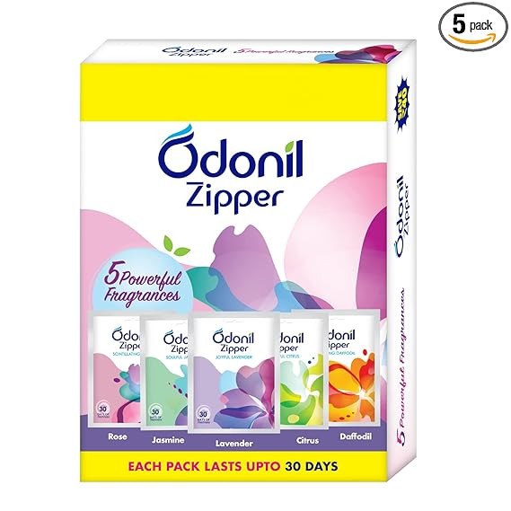 Odonil Bathroom Air Freshener Zipper Mix - 50g (10gx5) | Assorted Pack | Instant & Long Lasting Fragrance | Lasts upto 30 days | Germ Protection | Air Freshener for Bathroom, Toilet, Home & Office