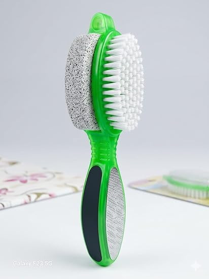 4-in-1 Foot Care Brush with Pumice Stone, Scrubber and Nail Filer, Green, Pedicure Tool