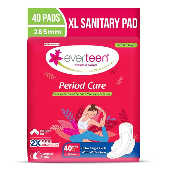 everteen Sanitary Pads XL 40 Pcs for Women, Cotton Sanitary Napkin XL 285mm, Extra Long Pad for Medium Flow, Wider Back Coverage for No Stains, Rash Free 8 Layer Protection - Pack of 1