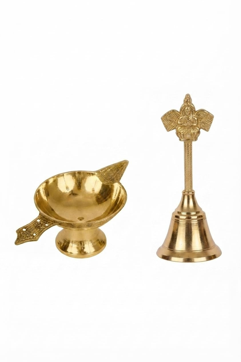 Brass Pooja Bell with Garuda Handle & Brass Arghya Diya Set for Home Temple, Mandir, Daily Worship & Hindu Rituals