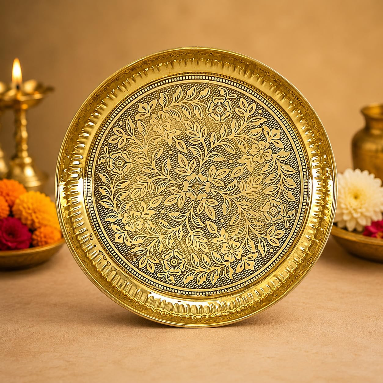 RR Bhog Prasad Plate 100% Brass Embossed Thali for Puja | Brass Aarti Thali | Home & Office | Engraved Pure Pooja Plate Home Decoration | Wedding Gift (5 Inch)
