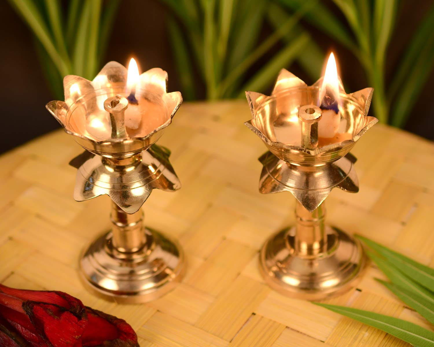 Collectible India Set of 2 Brass Diya for Puja Temple Decoration, Diya for Diwali - Lotus Shape Pillar Diya Stand Oil Lamp for Home Mandir Pooja Articles- Diwali Festive Gifts-3.8 Inch