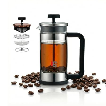 French Press Coffee And Tea Maker 350ml, Heat Resistant Borosilicate Glass With 3 Level Filtration System, Stainless Steel, Brews in Just 3 Minutes, BPA Free Plastic Lid Strainer, Sliver Round