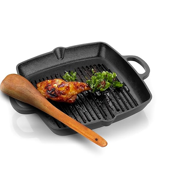 Lifelong Cast Iron Grill Pan 260mm with Wooden Spatula | 2L, 3kg | Pre-Seasoned with Even Heat Distribution, Toxin & Teflon Free, Non-Stick, & Durable | Pan for Fish, Omelettes & Veggies