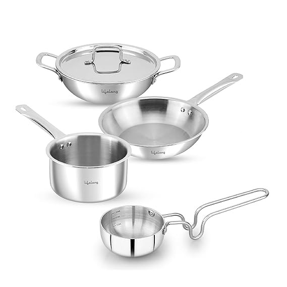 Lifelong Triply 5 piece cookware Set| Triply Kadai, Frypan, Saucepan & Tadka Pan for Cooking | 22cm Kadai (2L) & Fry Pan (1.25L) 22cm|16cm Saucepan (1.2L) & Tadka Pan 10 Cm with Common Lid (LLTPC01)|Induction and Gas Stove Compatible