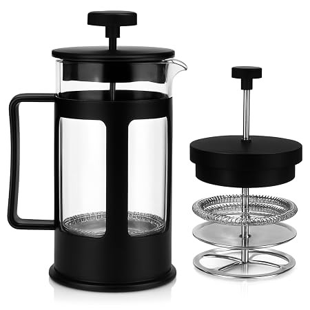 French Press Coffee & Tea Maker 350ml | Heat‑Resistant Borosilicate Glass | 3‑Level Stainless Steel Filtration | Smooth Grit‑Free Brew | Durable Plastic Frame & Handle | Makes 1–2 Cups