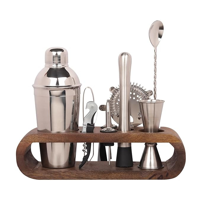 Anything & Everything Bar Tool Set with Stand, 10-Piece Bartender Kit, Stainless Steel, Natural