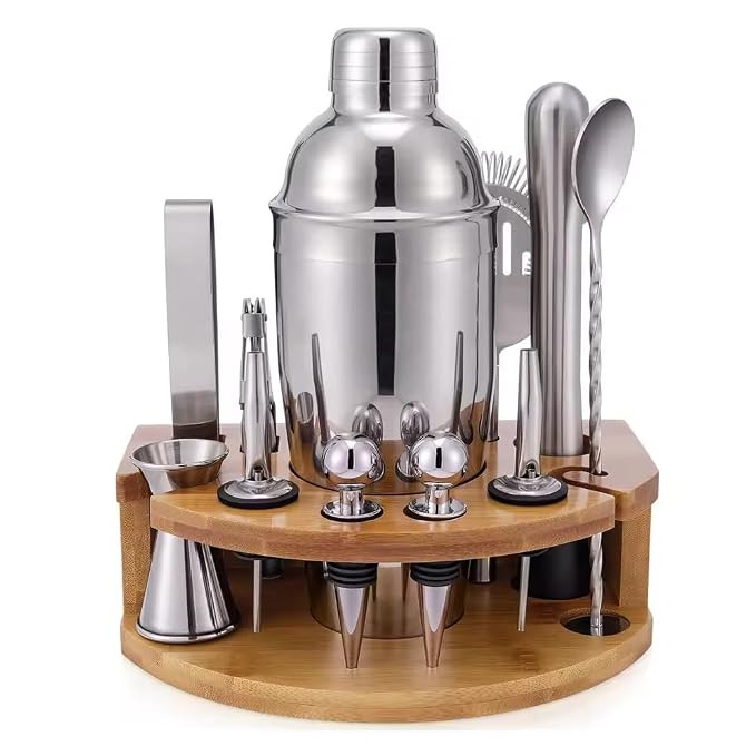11-Piece Cocktail Shaker Set with Stand | Perfect Bartender Kit for Home and Bar Tools Set: 24oz Martini Shaker, Muddler, Jigger, Strainer, Mixer Fork Spoon, Tongs, Corkscrew, 2 Liquor Pourers
