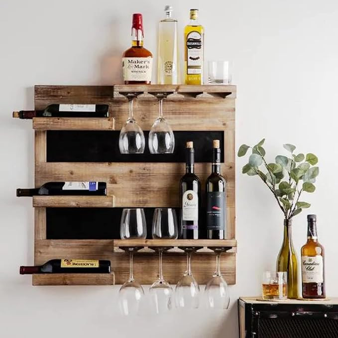 Wooden Wall Hanging Design Bar | Bar Cabinets for Home | Mini Bar for Home | Solid Wood Make Wine Storage Cabinet with Glass Hanging Space-Walnut Finish (Lichhu)