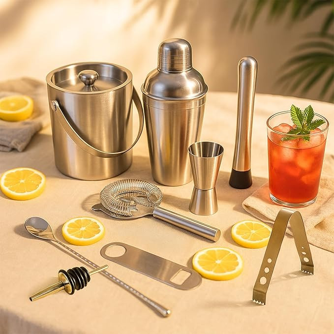 Stainless Steel 9-Piece Bar Tool Set | Cocktail Shaker, Peg Measurer, Muddler, Bar Spoon, Wine Pourer, Bottle Opener, Strainer, 1.5L Ice Bucket & Tong | All-in-One Bar Kit