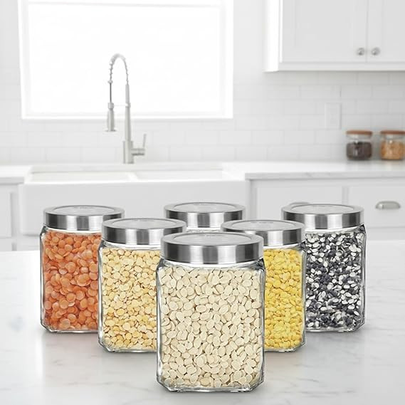 Glass Cubical Square 500ml Transparent Glass Jars Set of 8 & Containers for Kitchen Pantry,Snacks,Masala, Honey,Pickles,Cookies,Dry Fruits,Coffee Beans Storage with Steel see-through Lid
