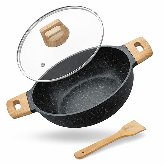 Lifelong Die-Cast Kadhai 24cm with Glass Lid & Wooden Spatula | 1.9L, 1.5Kg | Gas & Induction Compatible | Even Heat Distribution, Toxin & Teflon Free, Non-Stick, & Durable | Perfect for Cooking