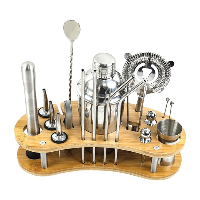 19Pcs Professional Cocktail Shaker Set, Bartender Kit - Cocktail Kit, Cocktail Set, Making Kit with Bamboo Display Stand & 550ml Stainless Steel Bartending Tools for Bar Home