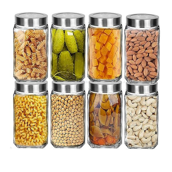 Cubical Square Transparent Glass Jars & Containers for Kitchen Pantry, Snacks, Masala, Jams, Pickles, Cookies, Dry Fruits, Coffee Beans Storage 1KG Glass Jar with Lid, 1liter, Set of 8