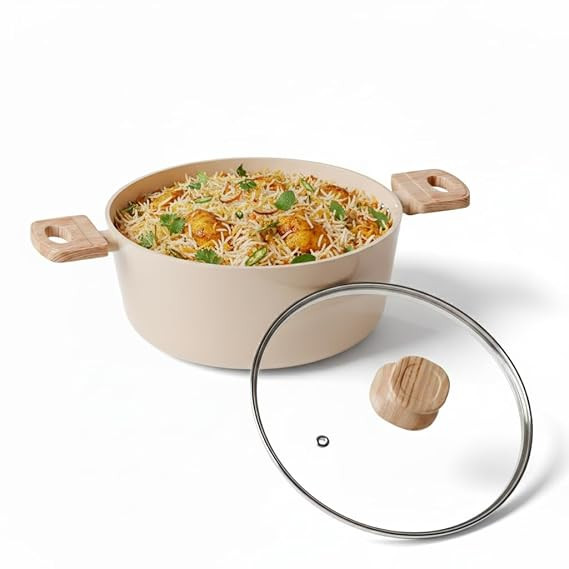 Lifelong Forged Casserole 24 cm with Non-Riveted Wooden Handle & Glass Lid | Ceramic Coated | 4.4L Capacity Serves 5–6 | for Curries, Dal & Pulao | Induction & Gas Compatible | PFOA-Free Non-Stick