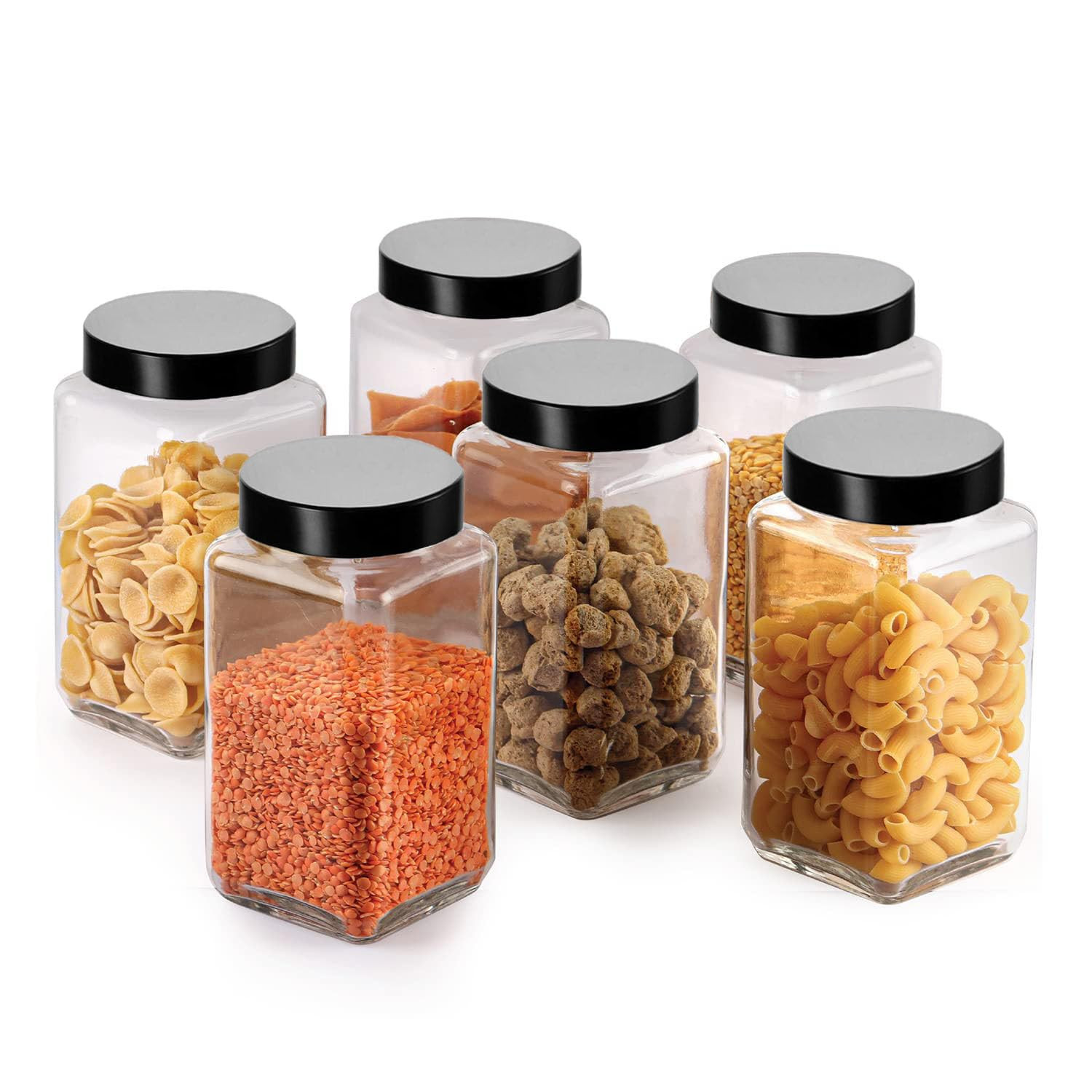 Glass Kitchen Cubical Square 1000ml, Set Of 6 Transparent Glass Jars & Containers for Kitchen Pantry, Snacks, Masala, Pickles, Cookies, Dry Fruits, Coffee Storage with Black Plastic Lid