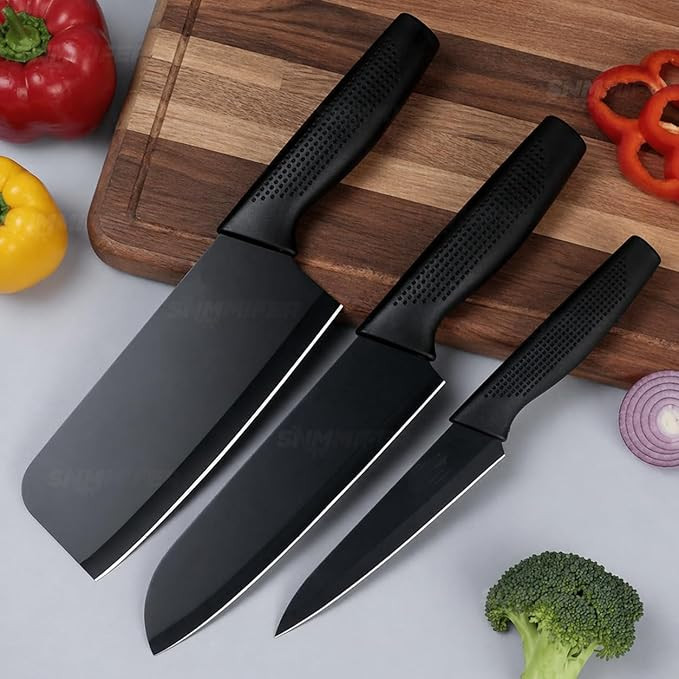 Kitchen Knife Set, 3 Piece, High Carbon Stainless Steel, Non-Slip PP Handle, Black, for Cooking, Cutting and Slicing (Black)