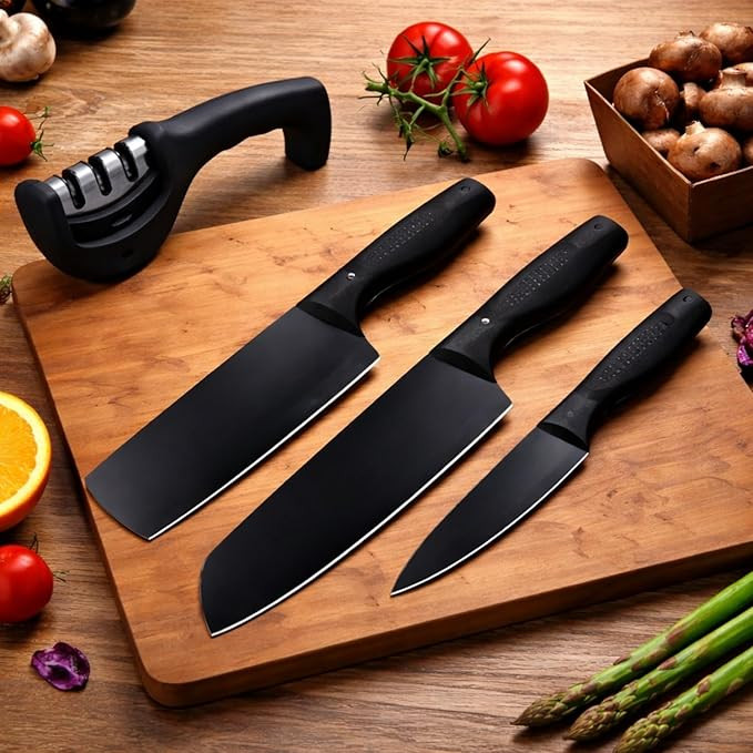 Kitchen Knife Set 3-Piece with Knife Sharpener Tool, Stainless Steel Chef Knives, Sharp Cutting Knives for Kitchen, Vegetable, Fruit & Meat Cutting (3 Knife Set + Knife sharpner)