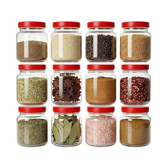 JAR Glass Storage Jars - Set of 12, 500ml Round Airtight Containers with Red Lids – Ideal for Kitchen Organization, Pantry, and Food Storage