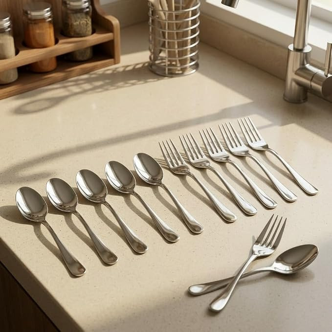 Set of 12 Stainless Steel 6 Dinner Fork, 6 Spoons Sets, Sliver | 100% Food Grade, Non Toxic, Anti-Rust, Dishwasher Safe, Perfect for Gifting