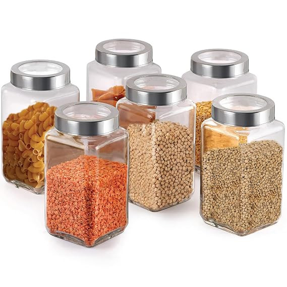 Glass Jars 1000ml - Set of 6 Glass Storage Containers with Stainless Steel Airtight Lids for Kitchen, Dry Fruits, Pickles, Spices | Glass Containers for Kitchen | Glass Jars for Kitchen 1kg (6)