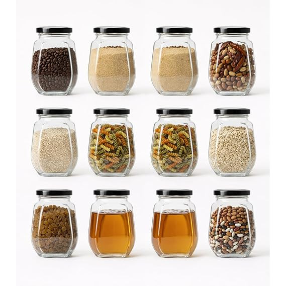 JAR Crown Shape Glass Jars with Black Lids|Premium Airtight Storage Containers for Kitchen, Spices, Pickles, Dry Fruits, Snacks & Pantry Organization|Transparent Glass Jars 250ml| Set of 12