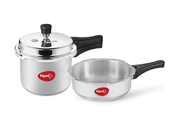 Pigeon by Stovekraft Mini Combi Aluminium Pressure Outer Lid Cooker Set, 2 and 3 Litres with Common Lid (12610) - Silver|Induction and Gas Stove Compatible.