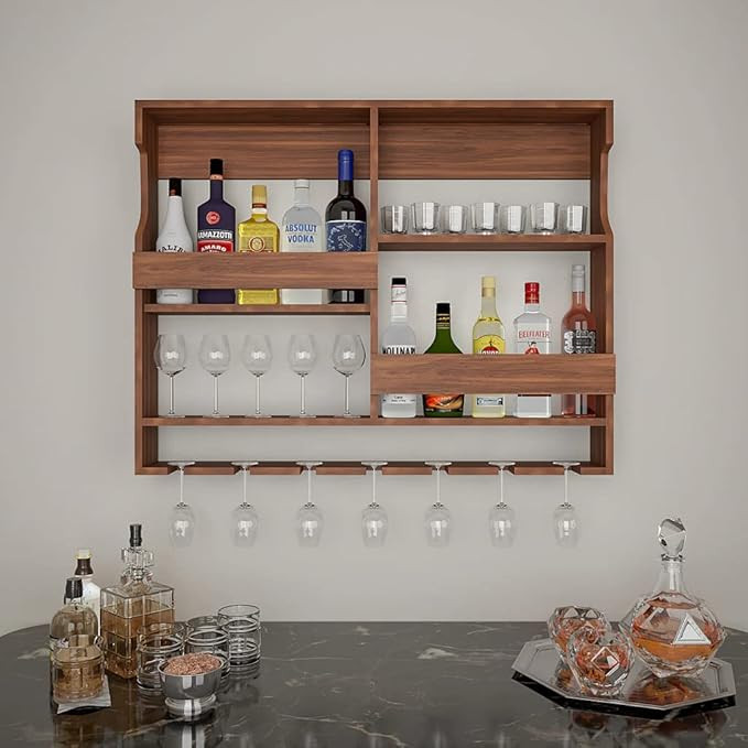 Genuine Decor Sheesham Wood Wall Mounted Wine Rack & Bar Cabinet with Stem Glass Holder | Wooden Liquor Storage & Whiskey Bottle Display | Home Bar Furniture for Living Room (30x24 Inch, Brown)